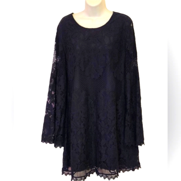 Lulus Can't Forget You Black Guipure Floral Lace Bell Sleeve Shift Dress, Large - Picture 1 of 16